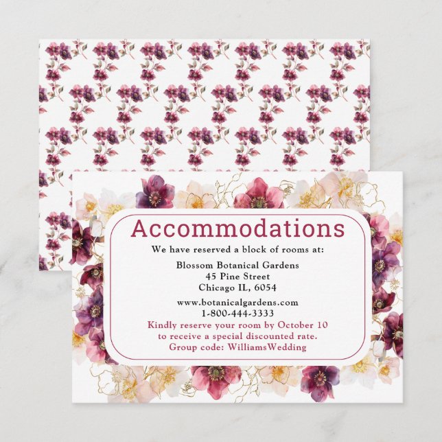 Hellebore Floral Burgundy Wedding Accommodations Enclosure Card (Front/Back)