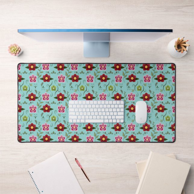 Hellebore Floral Pattern on Bright Blue Desk Mat (Office 1)