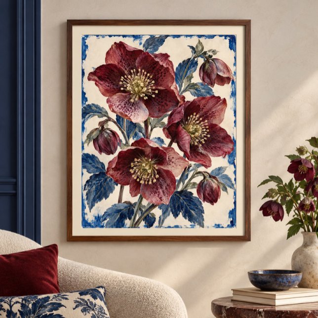Hellebore Porcelain Study Art Print (Styled display of Hellebore Porcelain Study Art Print. Frame, mat and furnishings shown for illustration; select framing options separately.)
