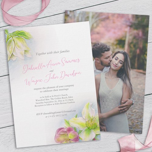 Hellebore watercolor art spring wedding photo invitation