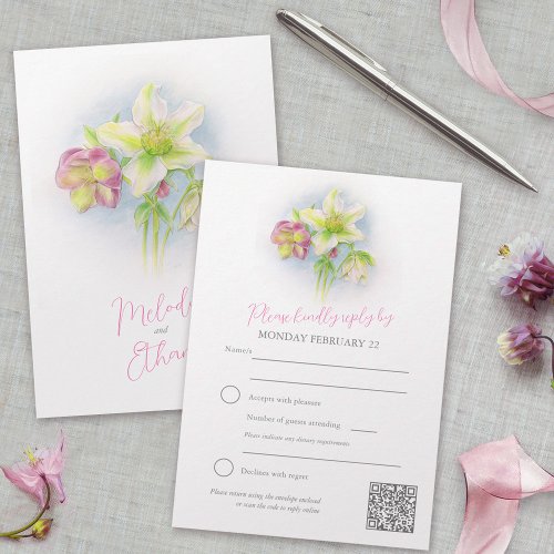 Hellebore watercolor art spring wedding QR code RSVP Card