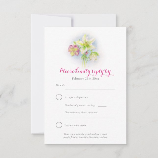 Hellebore watercolor art spring wedding reply card (Front)