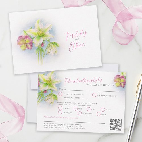 Hellebore watercolor spring wedding QR code meals RSVP Card