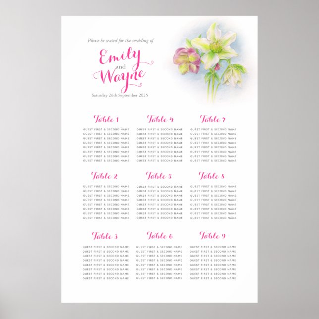 Hellebore watercolor Wedding table seating chart (Front)