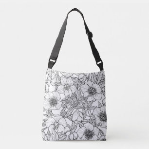 Hellebores in black and white crossbody bag