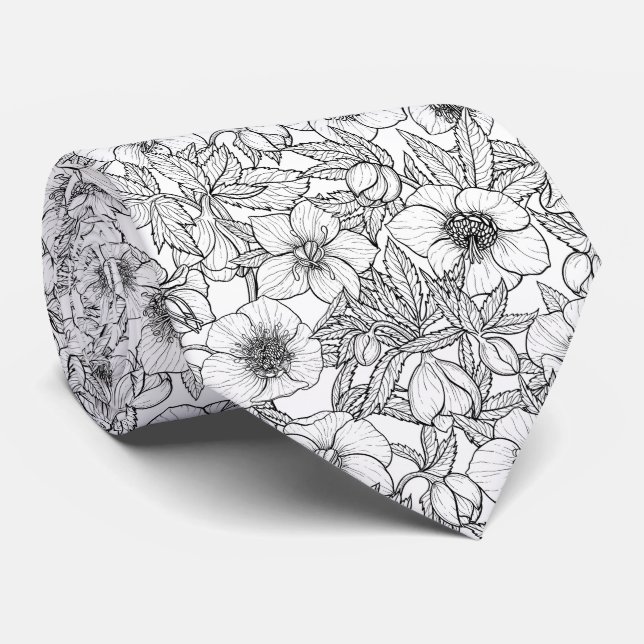 Hellebores in black and white neck tie (Rolled)