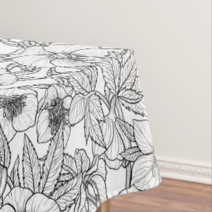 Hellebores in black and white tablecloth