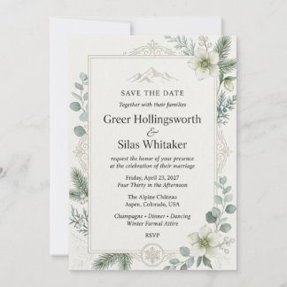 Hellebores, Pine Fir, Eucalyptus, Berries, Snow Fl Invitation