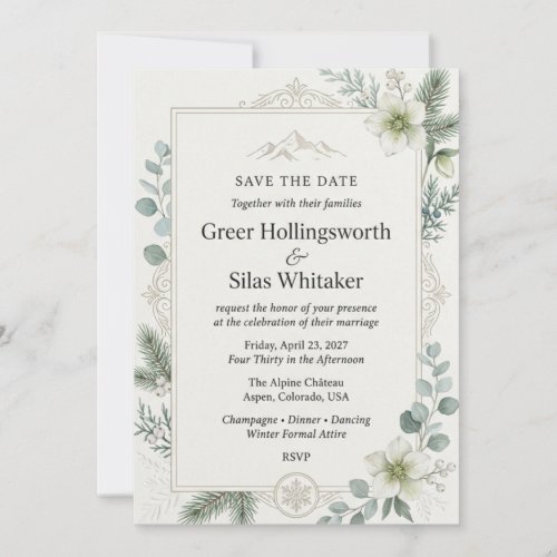 Hellebores, Pine Fir, Eucalyptus, Berries, Snow Fl Invitation