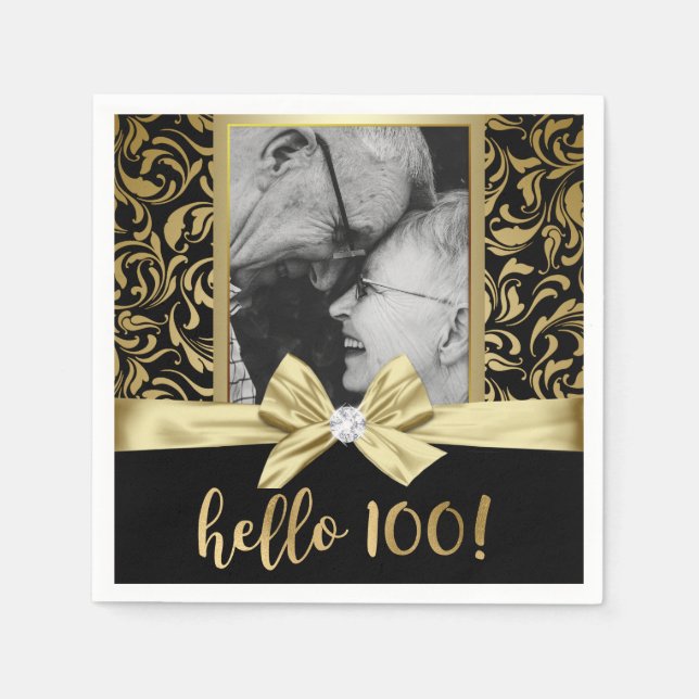 Hello 100 Gold Black Damask 100th Birthday Napkins (Front)
