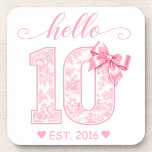 Hello 10 Birthday   Pink Hello 10 Custom Year Beverage Coaster