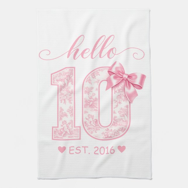 Hello 10 Birthday | Pink Hello 10 Custom Year Kitchen Towel (Vertical)