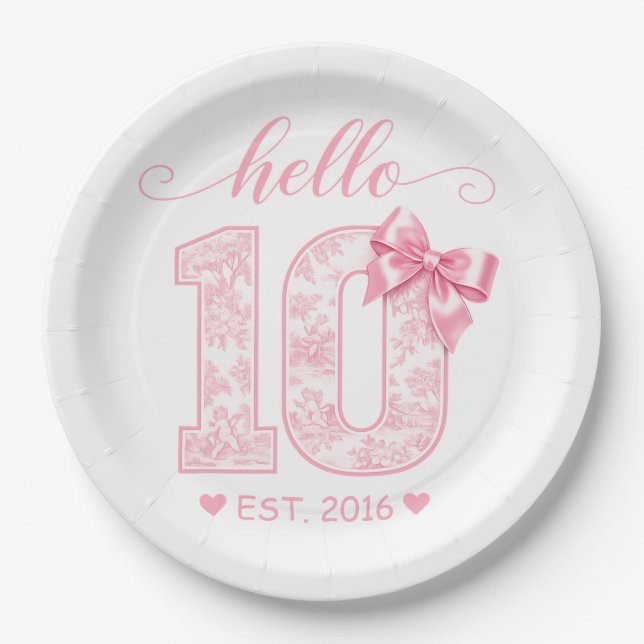 Hello 10 Birthday | Pink Hello 10 Custom Year Paper Plates (Front)