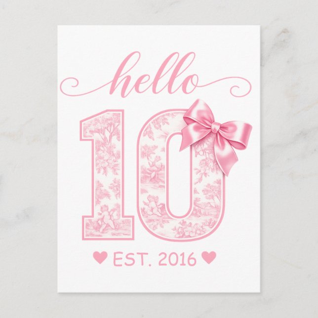 Hello 10 Birthday | Pink Hello 10 Custom Year Postcard (Front)