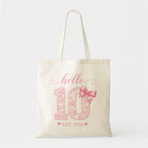 Hello 10 Birthday Pink Hello 10 Custom Year Tote Bag