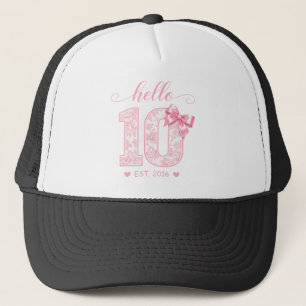 Hello 10 Birthday Pink Hello 10 Custom Year Trucker Hat