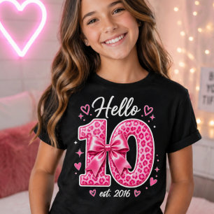 Hello 10th Birthday Pink Leopard Bow Birthday T-Shirt