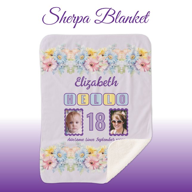 Hello 18 2 photo name date flowers purple sherpa blanket (Creator Uploaded)