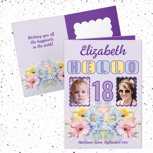 Hello 18 birthday name 2 photo floral purple