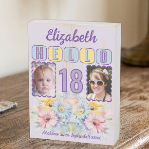 Hello 18 birthday name floral awesome since purple wooden box sign