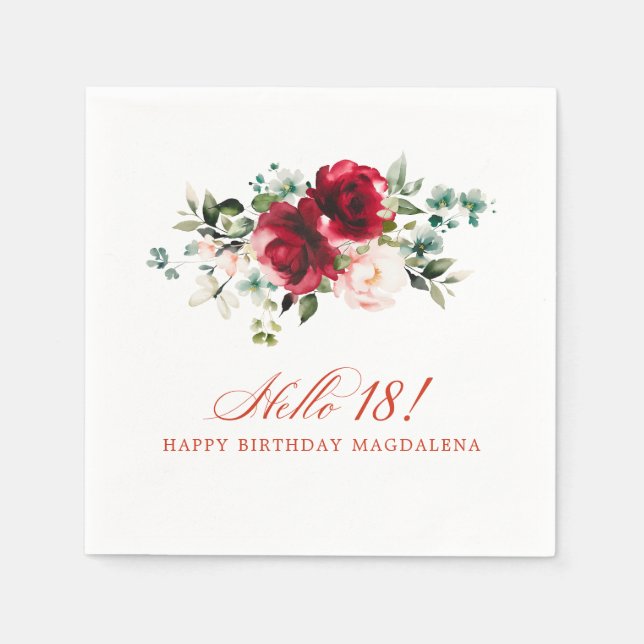 Hello 18 Birthday Party Red Pink Floral Napkins (Front)