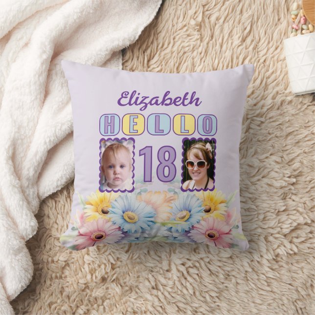 Hello 18 name 2 photos gerbera flowers purple throw pillow (Blanket)