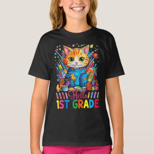 Hello 1st Grade Cute Cat Gift Back To School Happy T_Shirt