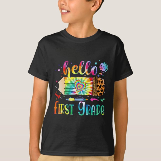 Hello 1st Grade Leopard Pencil Tie Dye Fun Back To T-Shirt (Front)