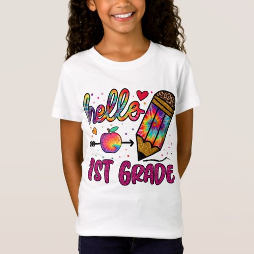 Hello 1st Grade Leopard Tie Dye Pencil T_Shirt