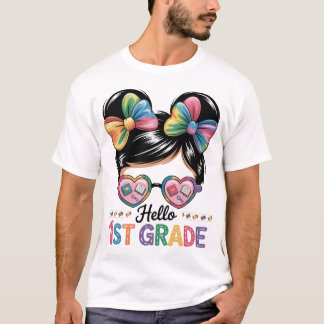 Hello 1St Grade Messy Bun Back To School T-Shirt