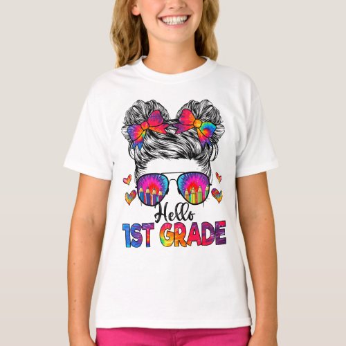 Hello 1st Grade Messy Hair Bun Girl Back To School T_Shirt