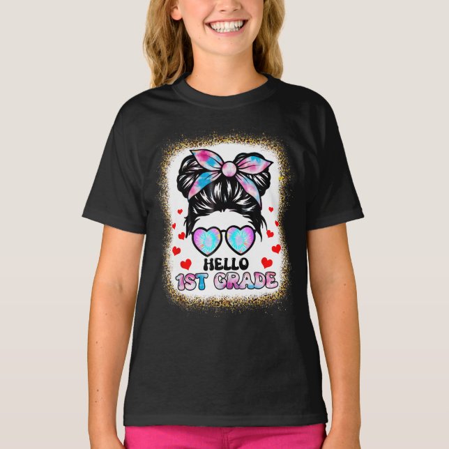 Hello 1th Grade Messy Hair Back To School T-Shirt (Front)
