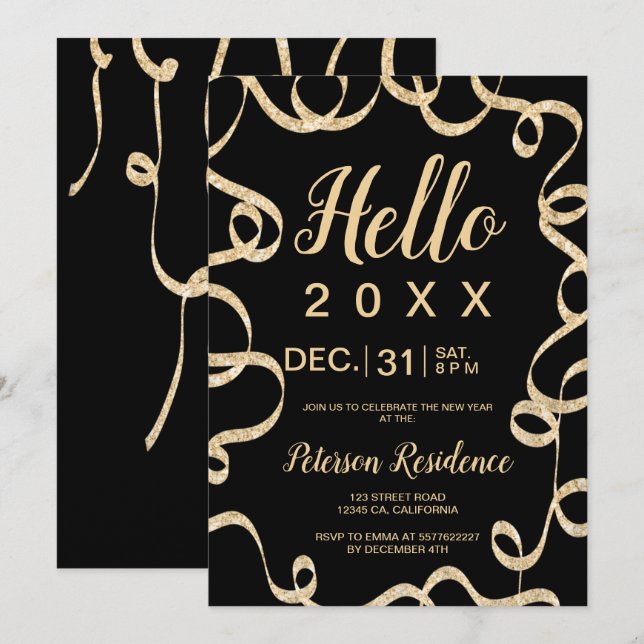 Hello 2020 gold glitter festive ribbon new year invitation (Front/Back)