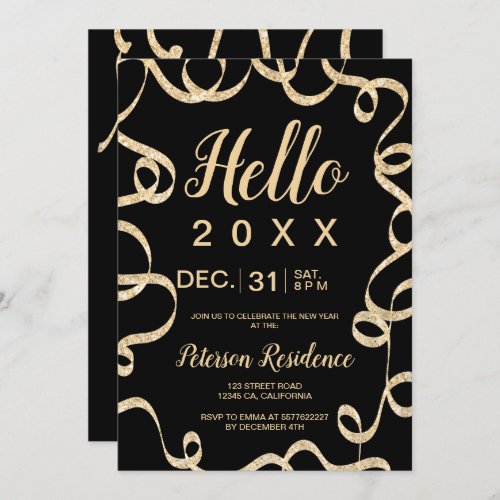 Hello 2020 gold glitter festive ribbon new year invitation