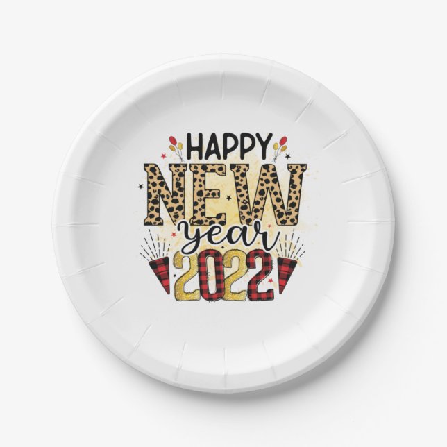 Hello 2022 Happy New Year 2022 Leopard Paper Plates (Front)