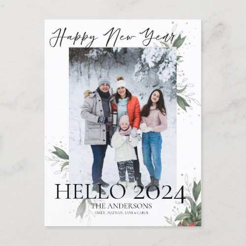 Hello 2024 Elegant Floral Script Photo New Year Holiday Postcard