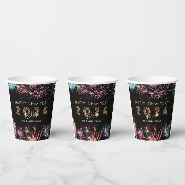 Hello 2024 Fireworks New Year Holiday Party Paper Cups (Multi)