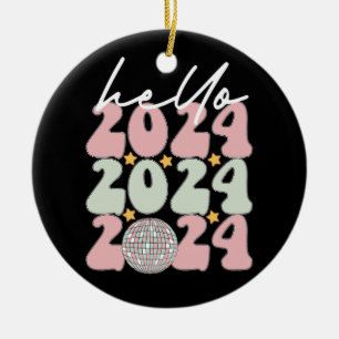 Hello 2024 Groovy Happy New Year Christmas Ceramic Ornament