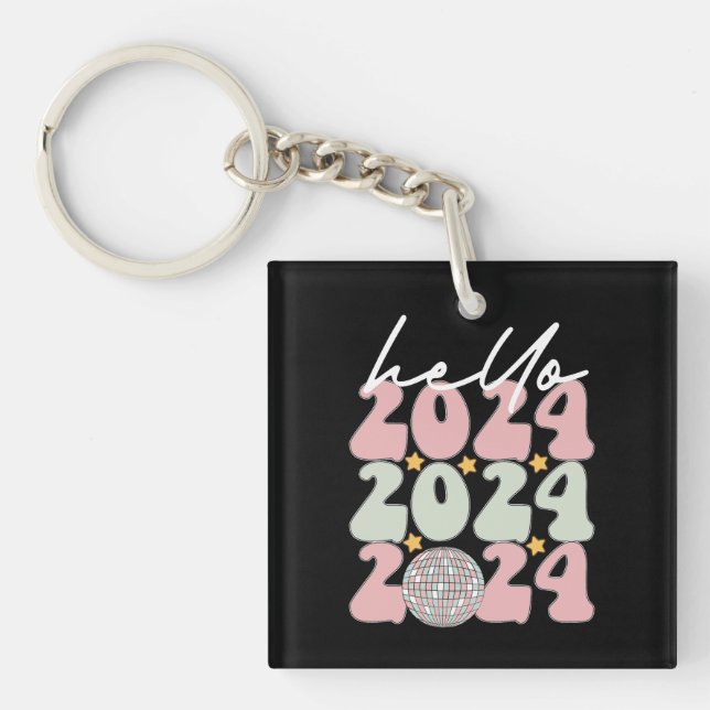Hello 2024 Groovy Happy New Year Christmas Keychain (Front)