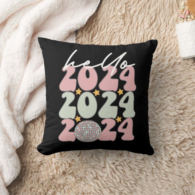 Hello 2024 Groovy Happy New Year Christmas Throw Pillow (Blanket)