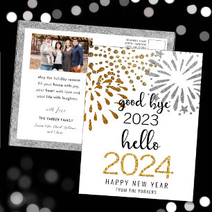 Hello 2025 Festive Fireworks New Year Gold Photo Holiday Postcard