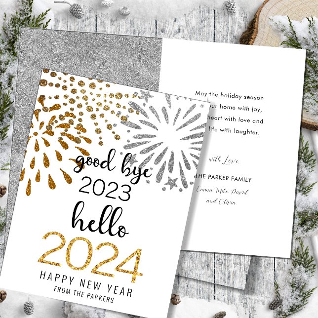 Hello 2025 Gold Glitter Festive Fireworks New Year Holiday Card (Creator Uploaded)