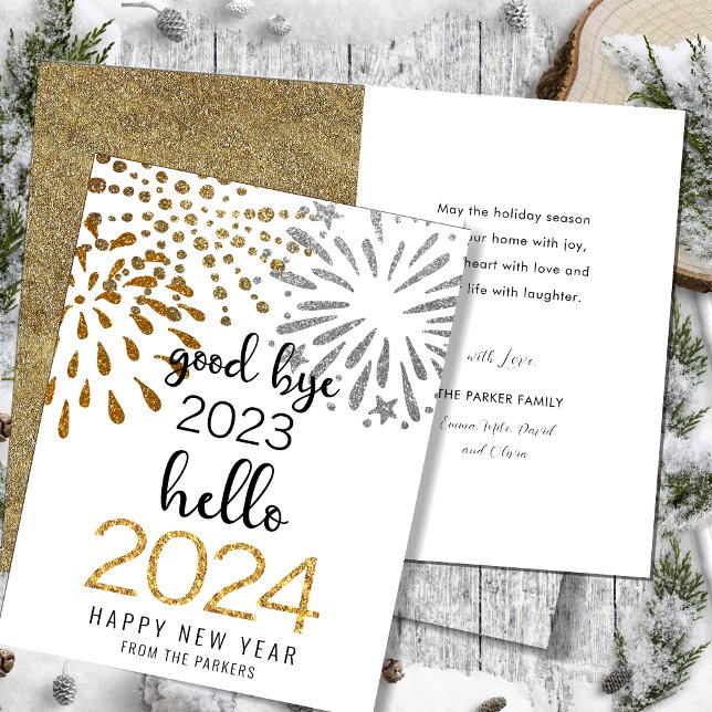 Hello 2025 Gold Glitter Festive Fireworks New Year Holiday Card (Creator Uploaded)