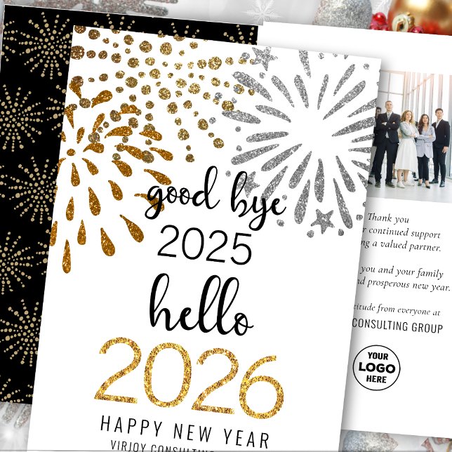 Hello 2026 Business Gold Glitter Festive Fireworks Holiday Card (Creator Uploaded)