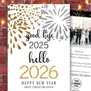 Hello 2026 Business Gold Glitter Festive Fireworks Holiday Card