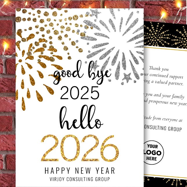 Hello 2026 Business Gold Glitter Festive Fireworks Holiday Card (Creator Uploaded)