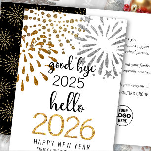 Hello 2026 Business Gold Glitter Festive Fireworks Holiday Card