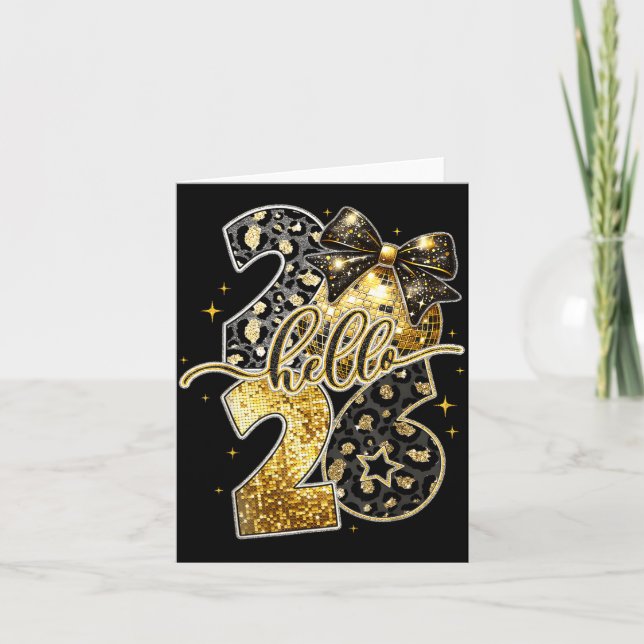 Hello 2026 Coquette Bow Leopard New Years Eve Part Card (Front)