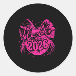 Hello 2026 Disco Ball Coquette Bow Happy New Year Classic Round Sticker
