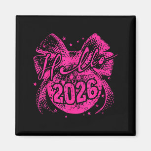 Hello 2026 Disco Ball Coquette Bow Happy New Year Magnet